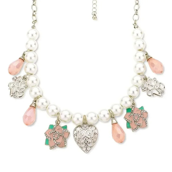 Anthropologie Silver Multi-Stone Flower Pearl Necklace - Picture 2 of 2